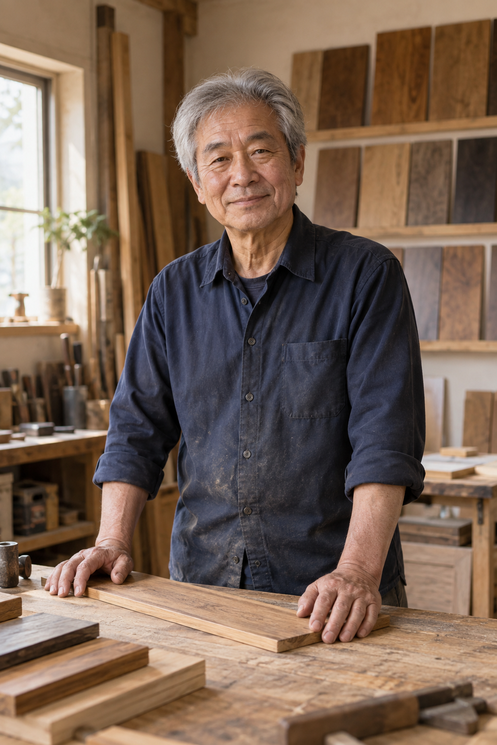Illustrative portrait of an older Korean craftsman with gray hair