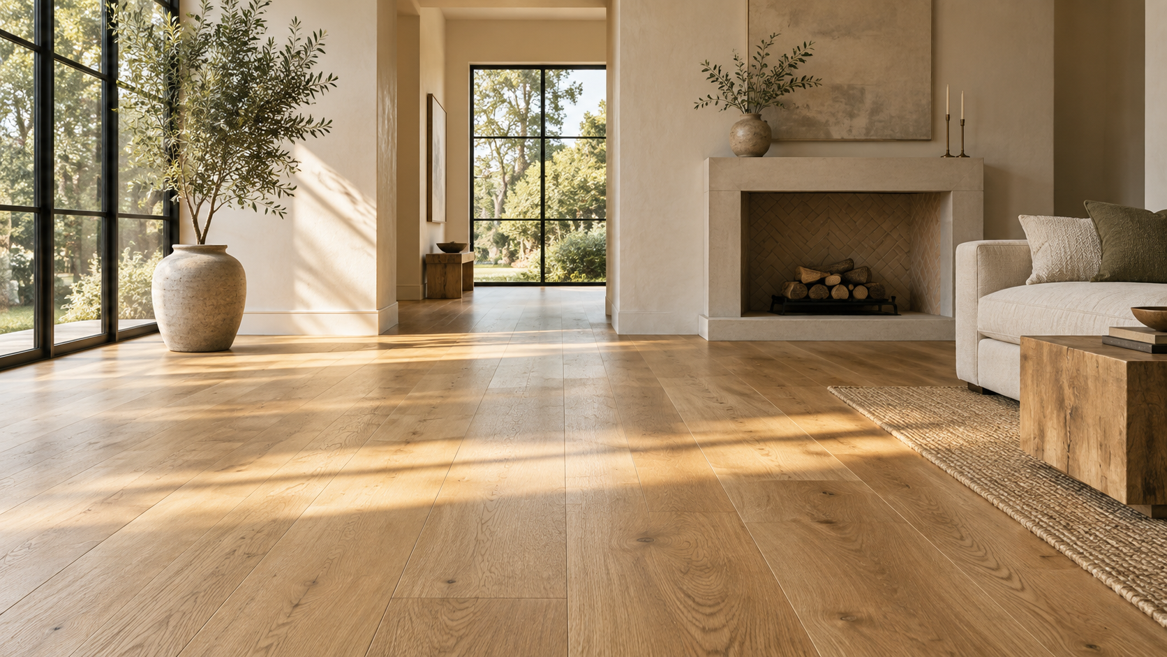 Illustrative sunlit living room with warm oak plank flooring