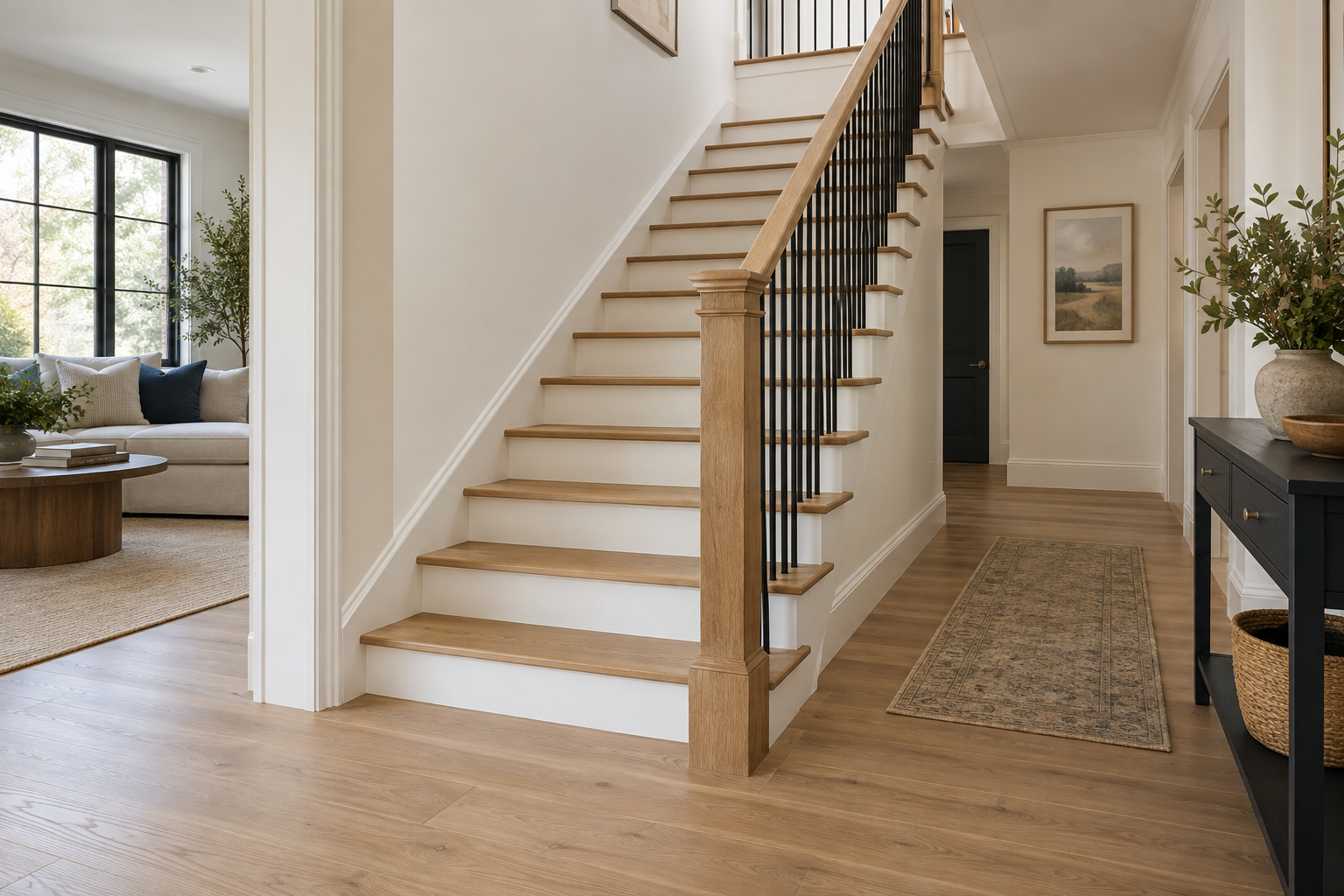 Oak staircase with white risers and dark balusters