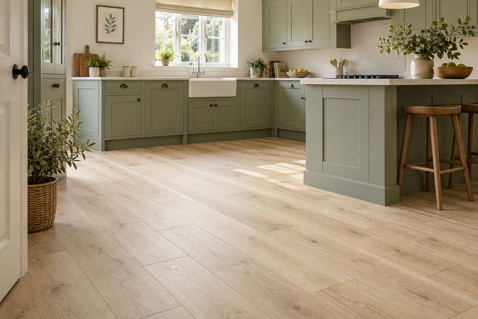 Bright kitchen with sage cabinets and pale oak-look plank flooring