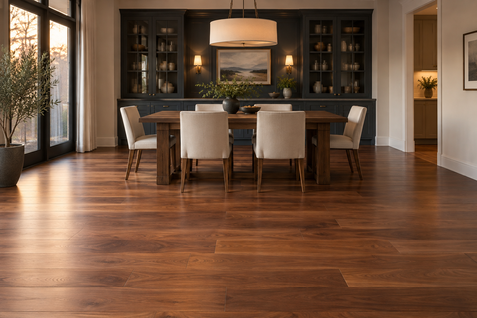 Dining room with rich walnut flooring and warm light